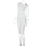 Women's Summer Fashion Slash Shoulder Sleeveless Top Slim Lace-Up Shorts Two Piece Set