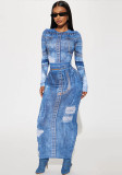 Women Fall Denim Print Round Neck Long Sleeve Top and Skirt Two-piece Set