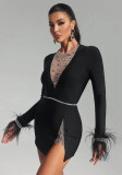 Women Sexy Mesh Diamond Feather Long Sleeve Party Bandage Dress