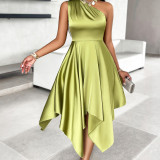 Summer Women Solid Slash Shoulder irregular dress