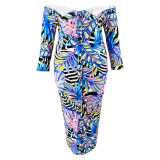 Plus Size Women's Off Shoulder Long Sleeve Printed Long Dress