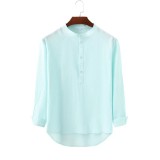 Men's Casual Stand Collar Solid Color Long-Sleeved Shirt Bamboo Linen Shirt