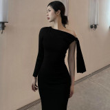 Women summer one-shoulder Slash Shoulder lace-up Solid dress