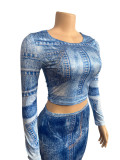 Women Fall Denim Print Round Neck Long Sleeve Top and Skirt Two-piece Set