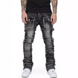 Men's Elastic Patch Denim Cargo Straight Pants