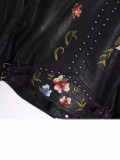 Women Embroidered Rivet Pu-Leather Long Sleeve Coat