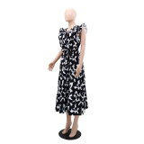 Chic Elegant Dress V-Neck Slim Waist Belt Black And White Printed Mid-Length Dress