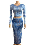 Women Fall Denim Print Round Neck Long Sleeve Top and Skirt Two-piece Set