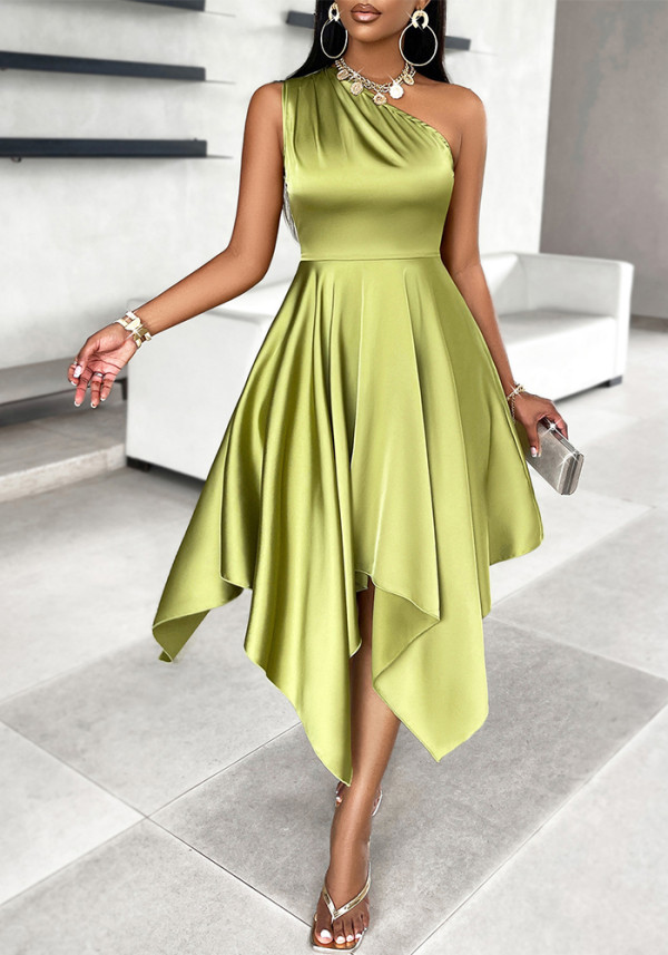 Summer Women Solid Slash Shoulder irregular dress