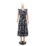 Chic Elegant Dress V-Neck Slim Waist Belt Black And White Printed Mid-Length Dress