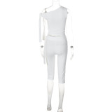 Women's Summer Fashion Slash Shoulder Sleeveless Top Slim Lace-Up Shorts Two Piece Set