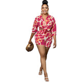 Women print button-down shirt and Shorts two-piece set