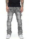 Men's Elastic Patch Denim Cargo Straight Pants