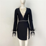 Women Sexy Mesh Diamond Feather Long Sleeve Party Bandage Dress