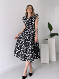 Chic Elegant Dress V-Neck Slim Waist Belt Black And White Printed Mid-Length Dress