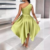 Summer Women Solid Slash Shoulder irregular dress