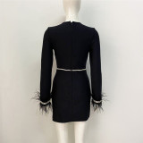 Women Sexy Mesh Diamond Feather Long Sleeve Party Bandage Dress