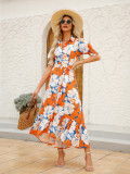 Women's Summer Print Turndown Collar Belt Slim Waist Long Dress