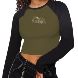 Women Contrast Raglan Beaded Casual T-shirt