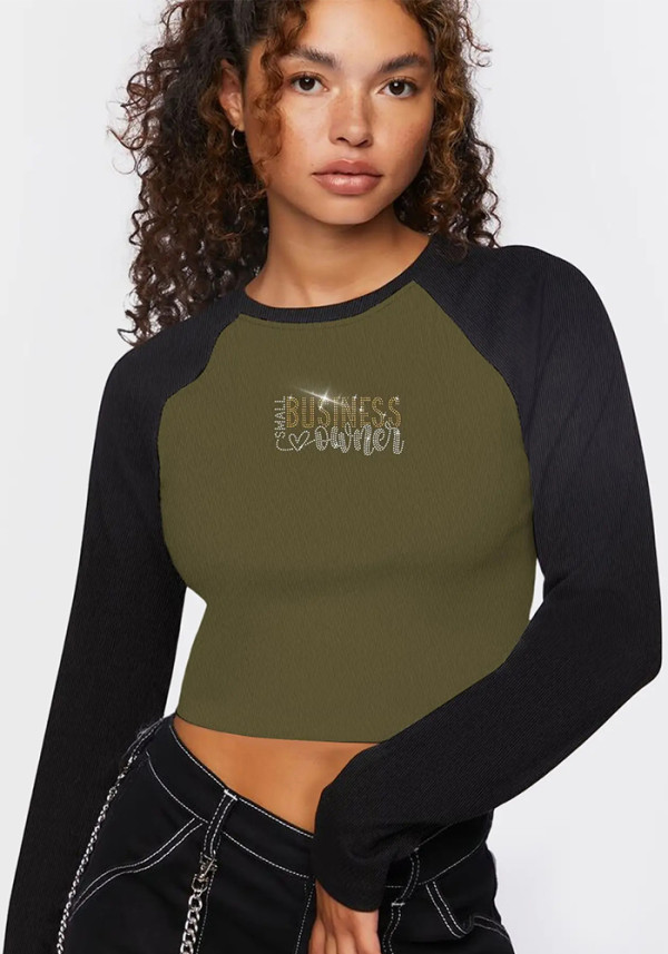 Women Contrast Raglan Beaded Casual T-shirt