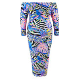 Plus Size Women's Off Shoulder Long Sleeve Printed Long Dress