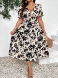 Plus Size Women's V-Neck High Waist Printed Dress