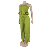 Sexy solid color strapless two piece pants set