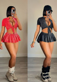 Sexy Women's Tie-Dye Print Short-Sleeved Lace-Up Crop Top Pleated A-Line Skirt Casual Two-Piece Set