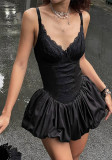 Women Sexy Solid Color V-Neck Lace Patchwork Slim Waist A-Line Strap Dress