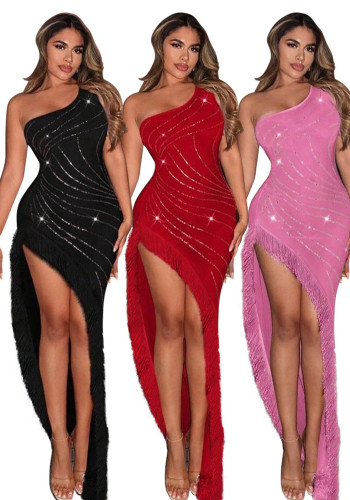 Sexy Solid Color Beaded Slash Shoulder Tassel Irregular Dress For Women