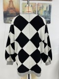 Women Autumn Winter V-Neck Diamond Patchwork Contrast Color Loose Knitting Cardigan Sweater