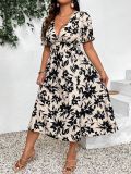 Plus Size Women's V-Neck High Waist Printed Dress