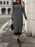 Fashion Autumn Winter Women Knitting Striped Casual Long Dress