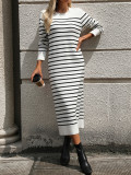 Fashion Autumn Winter Women Knitting Striped Casual Long Dress