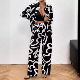 Fashion Print Casual Shirt Wide-Leg Pants Two-Piece Set