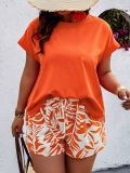 Plus Size Women's Round Neck Short Sleeve Printed Two Piece Shorts Set