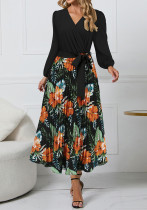 Women Autumn Fashion Slim Chic V-Neck Printed Long Sleeve Pleated Dress
