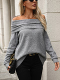 Women Autumn Winter Stacked Collar Solid Color Off Shoulder Loose Sexy Knitting Shirt Long Sleeve Sweater