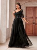 Sexy Lacemesh Half-Sleeve Wedding Party Evening Dress