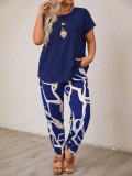Summer Plus Size Women's Round Neck Short Sleeve Printed Two-Piece Pants Set