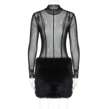 Women autumn sexy mesh See-Through Bodysuits and Furry skirt two-piece set