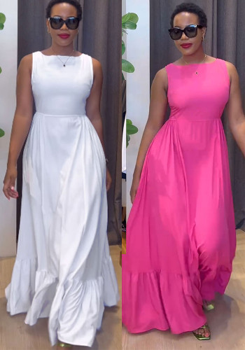 Solid Color Sleeveless Slim Waist Maxi Dress