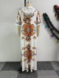 African Printed Hooded Short-Sleeved Split Loose Long Dress