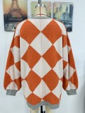 Women Autumn Winter V-Neck Diamond Patchwork Contrast Color Loose Knitting Cardigan Sweater