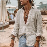 Autumn Men's Solid Linen Loose Casual Turndown Collar Long Sleeve Beach Shirt