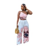 Printed One-Shoulder Top Slim Wide-Leg Pants Two-Piece Set