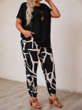 Summer Plus Size Women's Round Neck Short Sleeve Printed Two-Piece Pants Set