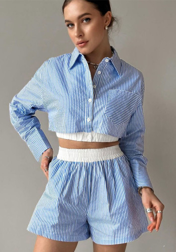 Fashion Casual Women Summer Striped Long Sleeve Shirt Elastic Waist Shorts Two-Piece Set