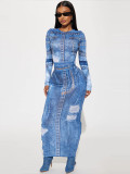 Women Fall Denim Print Round Neck Long Sleeve Top and Skirt Two-piece Set