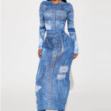 Women Fall Denim Print Round Neck Long Sleeve Top and Skirt Two-piece Set